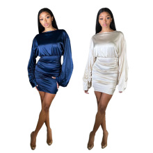 欧美女装 亚马逊独立站wish新款长袖褶皱包臀连衣裙YW0834