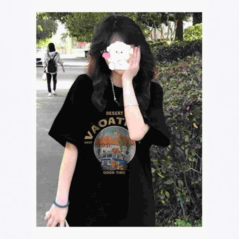Oversize Black Cotton Short-sleeved T-shirt Women's Summer Korean-style Loose Mid-length Fashionable All-match chubby girl Top Ins Oversize Black Cotton Short-sleeved T-shirt Women's Summer Korean-style Loose Mid-length Fashionable All-match chubby girl Top Ins