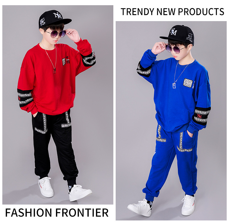 Kinder Kleidung 2023 Herbst Trendy Top Großen Rundhals Lose Pullover Zwei Stück Set Hübsche Jungen_voghion.com