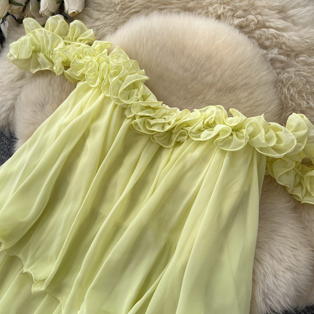 French Style Halter Neck Sleeveless Ruffle Dress Korean Summer High Waisted Cake Skirt Vacation Elegant Long Dress for Women_ecoleips.com