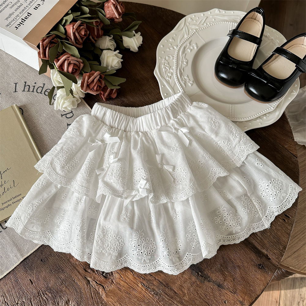 Falda de pastel de encaje blanco estilo ballet, falda esponjosa, media falda con lazo de verano para mujer, falda corta de princesa pequeña
