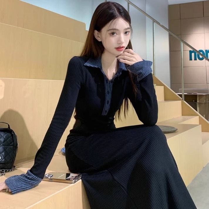 黑色高级感气质翻领长袖连衣裙女冬季新款收腰修身显瘦荷叶边长裙|undefined