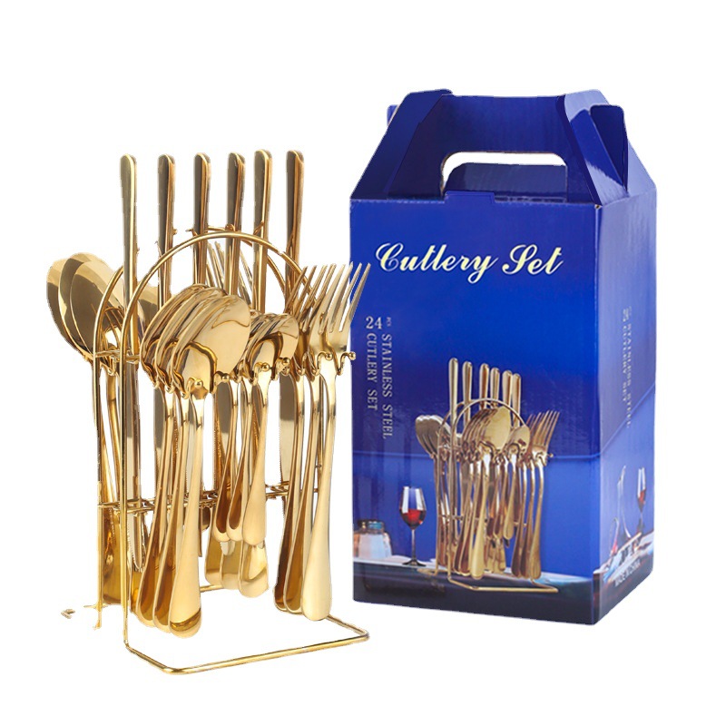 Amazon popular vajilla de acero inoxidable 24 piezas traje 1010 cuatro piezas principales cuchillo de comida occidental, tenedor y cuchara traje rack caja de regalo