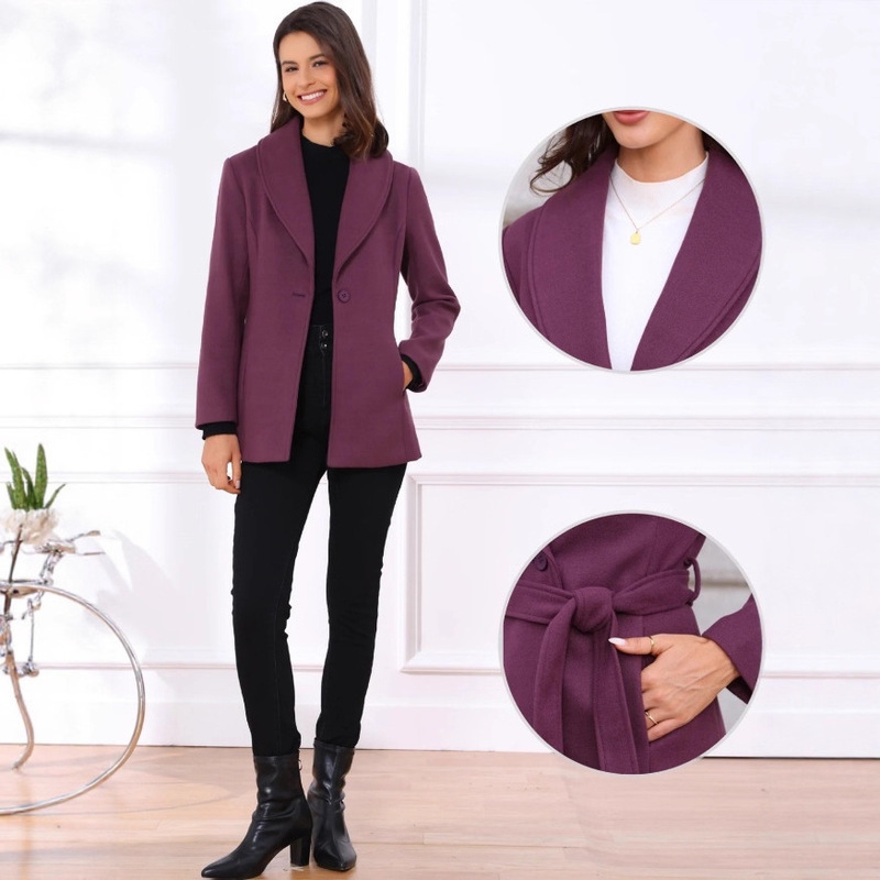 European and American Cross-Border Aliexpress New Solid Color Women's Shawl Collar Single-Breasted Coat; Belted Navy Wool Coat