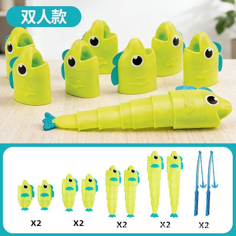 8 green fish + 2 fishing rods + eye stickers (opp bag)