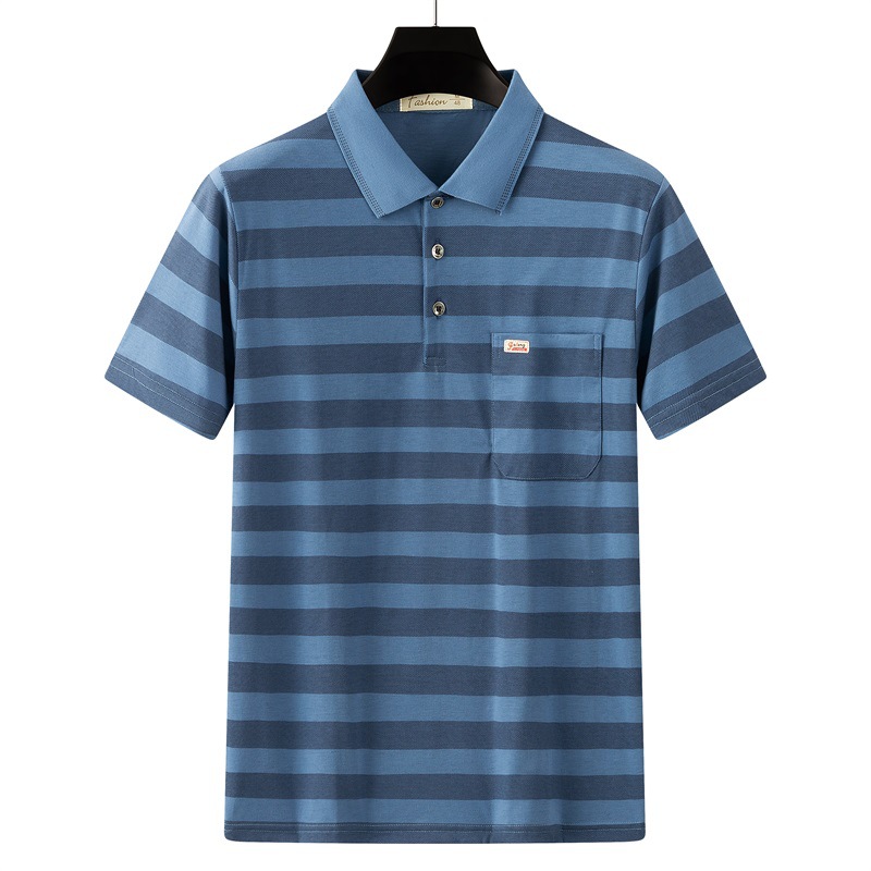De mediana edad impreso Polo camisa de manga corta de los hombres de solapa papá verano camiseta a rayas de algodón mercerizado camiseta ropa de los hombres al por mayor