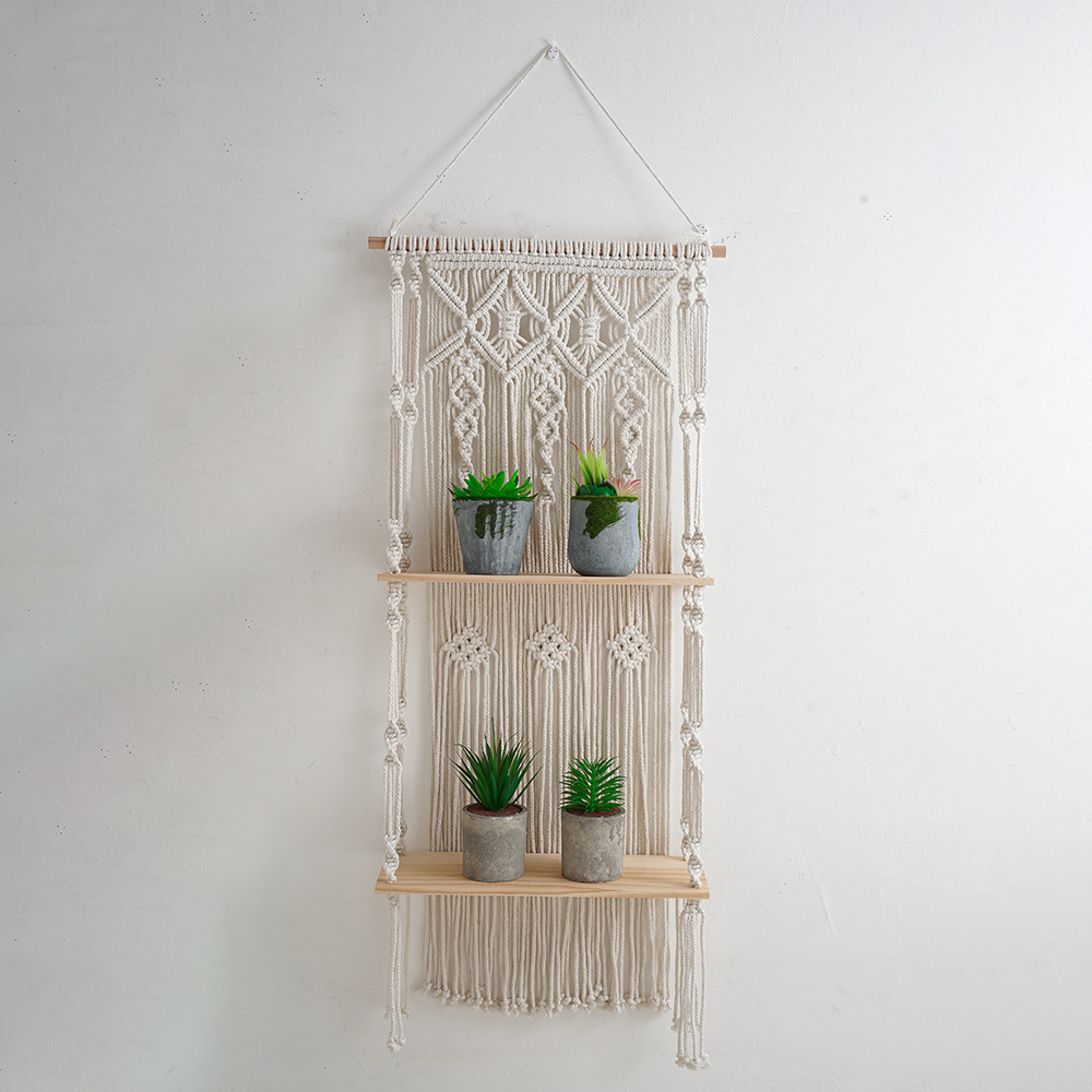 Nordic style INS Bohemian handmade woven string bed hanging rug, bedroom wall two-layer shelf rack