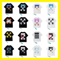 卸売りoff半袖ow潮牌溶解矢印グラデーション星空墨tシャツ黄色テープ警戒線カップル服