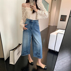 女性用刺繍入り8点ジーンズ、薄手、2025年夏の新しいスタイル、ハイウエスト、ルーズ、ストレート、小柄な人向けのワイドレッグパンツ