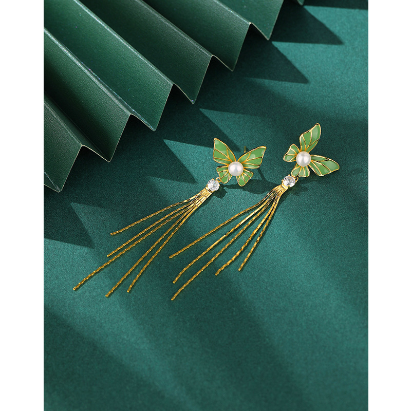 Japonés y coreano s925 plata ZIRCON pendientes moda gota aceite mariposa perla pendientes largos borla pendientes fábrica suministro directo