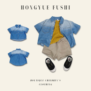 New Japanese-Style Gradient Denim Shirt for Children, Thin Artistic Boys' Turn-Down Collar Top, Trendy Short-Sleeve Shirt for Toddlers and Young Children