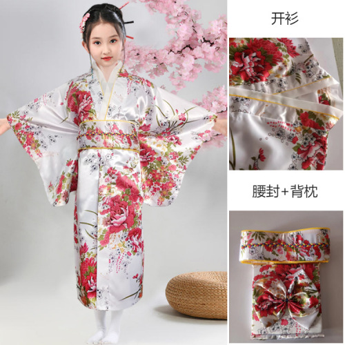 New Japanese Childrens Girls Red with Flower Prints Long Kimono Outfit gjk2