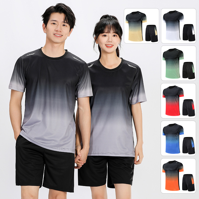 Gradient Color Round Collar Men's Short-sleeved T-shirt Summer New Fashion Brand Shorts Casual Suit Large Size Running Fitness