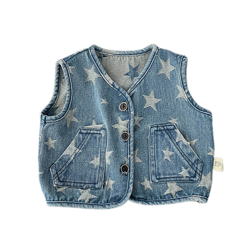 2024 primavera estilo coreano niños y niñas bebé versátil suelta estrella de cinco puntas Chaleco de mezclilla abrigo angustiado retro para niños