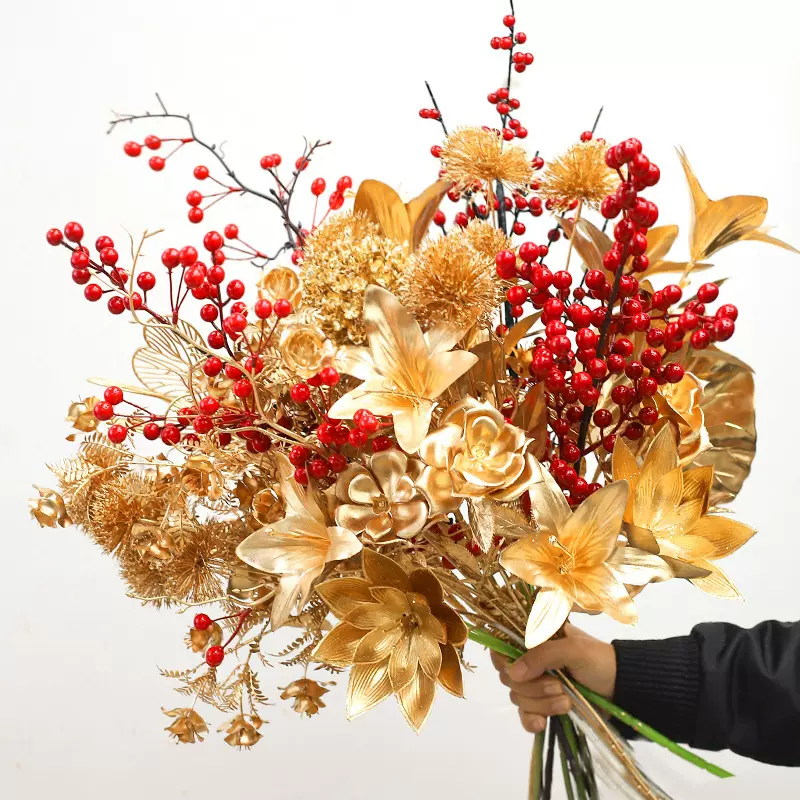 2024新年春节仿真花福桶年宵花插花干花荷叶莲蓬金玉满堂冬青批发