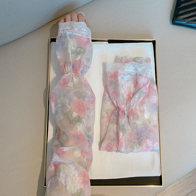 夢幻色超美夏季防曬袖套女寬鬆蕾絲手袖開車花卉甜美女人味護袖