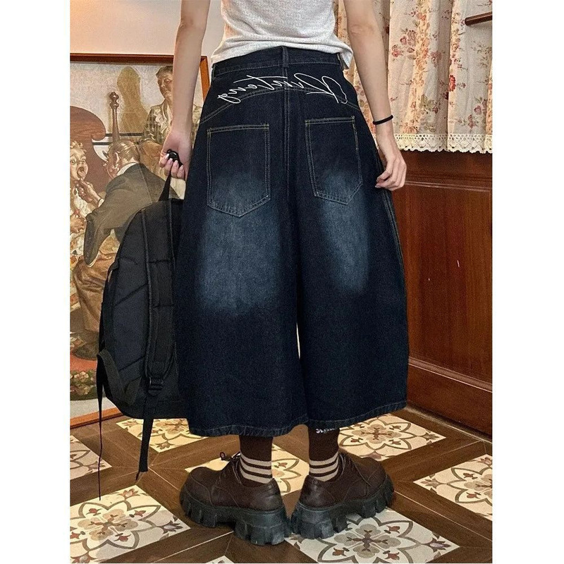 Sabre Design Dark Blue Wide-Leg Jeans for Women American Street Retro Loose Personalized Embroidered Cropped Pants Trend