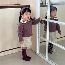 Cutemily女童装秋冬手钩翻领套头毛衣女宝加厚麻花撞色球球上衣
