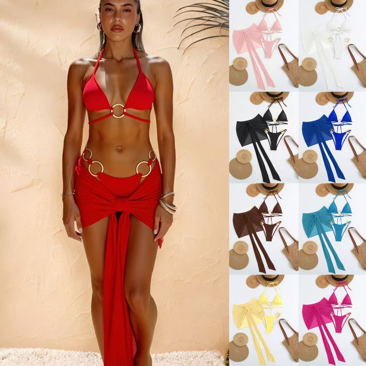 In Stock 2025 New Fashion Sexy Pure Color Three-Piece Bikini Bikini Swimsuit Women's Hot Selling Swimsuit