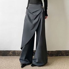 2025复古设计师新款不规则假两件休闲裤女高腰西装裤阔腿长裤夏季
