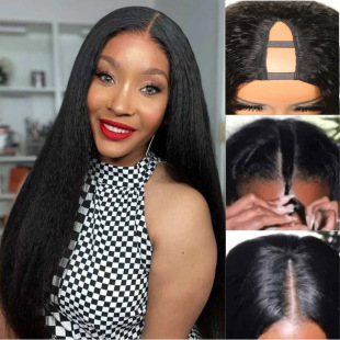 European and American wigs real hair ladies v-shaped real hair head cover kinky straight wigs in stock cross-border