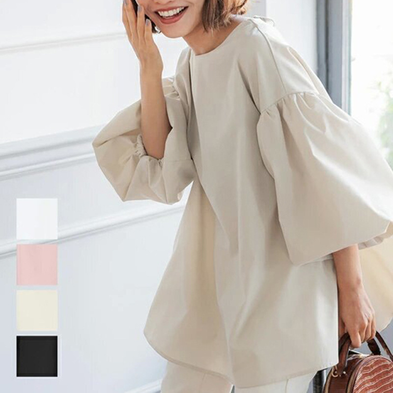 Lotte New Japanese and Korean Summer Loose Large Women's Shirt Cotton Oversized Lantern Sleeve Round Neck Top Cross Border