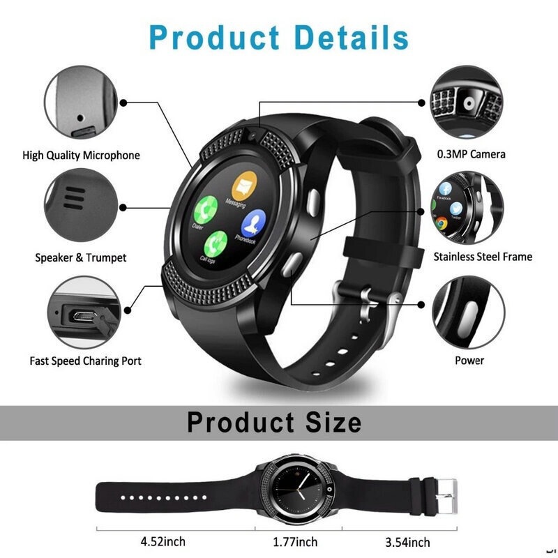 V8 Round-Screen Smart Watch with Sim Card Slot for Making Calls, Bluetooth Music, Touch Screen, Step Counting, and Information Push Notifications