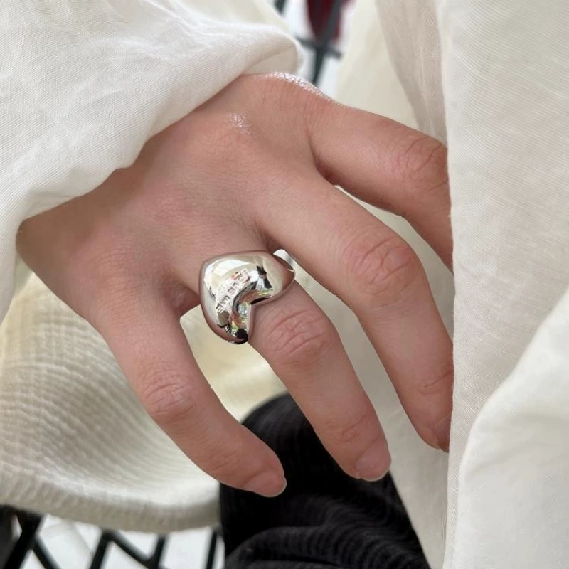retro fashionable geometric ring hip-hop style, silver 925 sample, on index finger