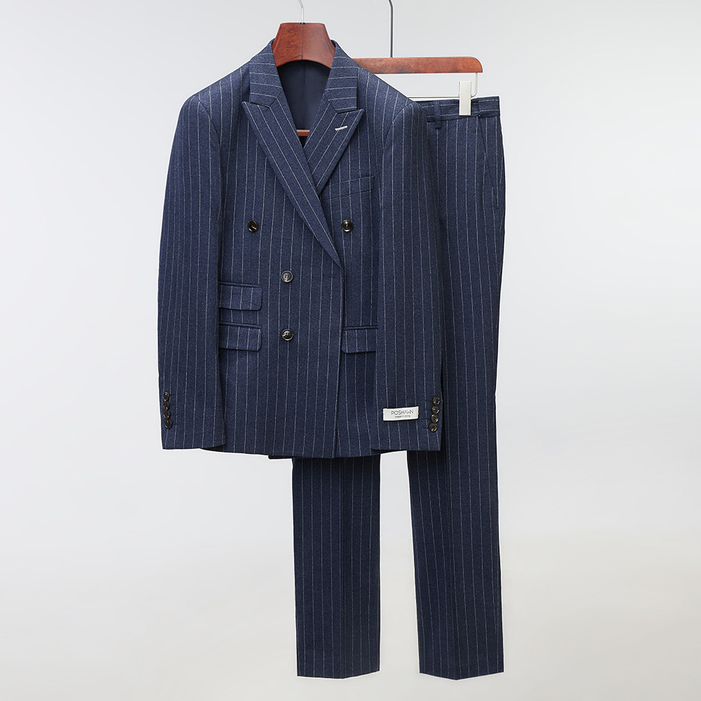 2022 nuevo traje de hombre traje de zafiro azul a rayas cruzado coreano traje casual de dos piezas trajes de hombre