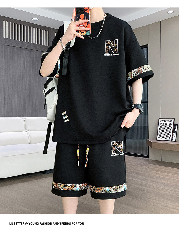 Men's Retro Embroidery Shorts Set - Fashionable Casual Short Sleeve And Shorts Outfit For Teens And Young Adults​_viptrois.com