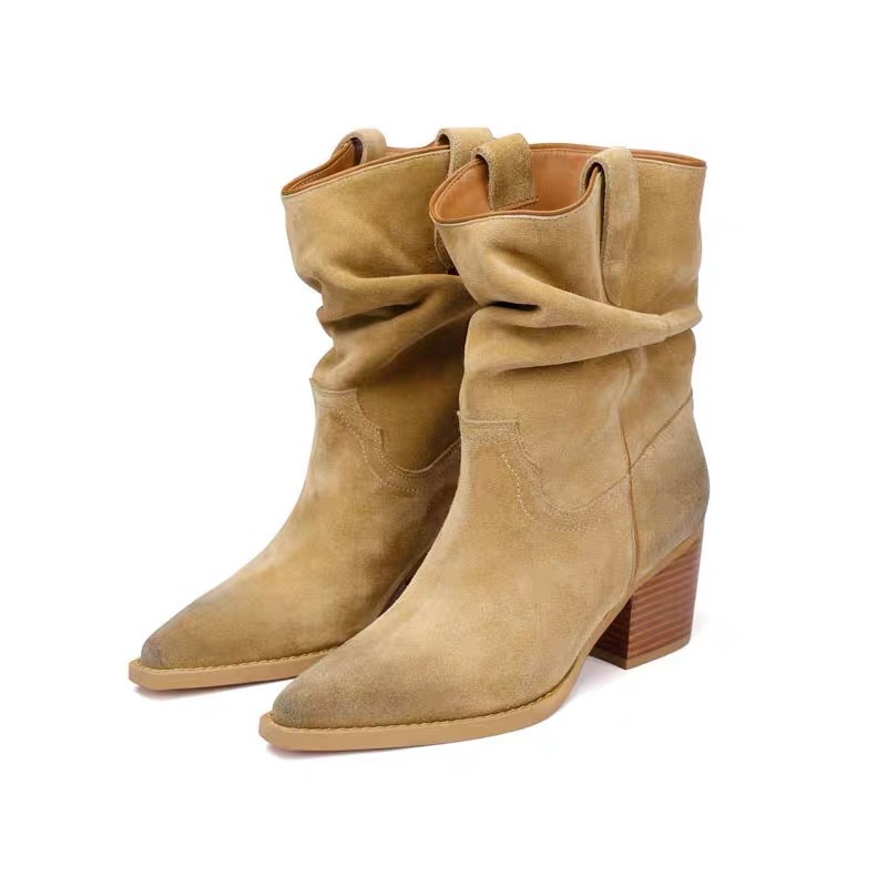 Leather denim low boots pointy toe, fitted, mid-length