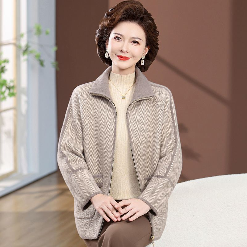 妈妈春秋装双面毛呢带领加厚外套奶奶洋气上衣中老年人女针织开衫|undefined