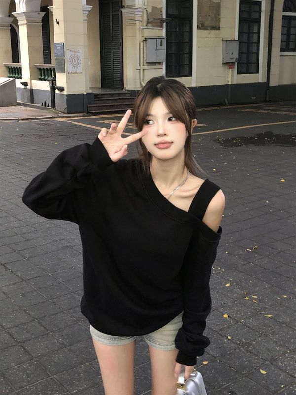 美式辣妹斜肩长袖卫衣女秋季2025新款设计感小众慵懒别致露肩上衣|undefined