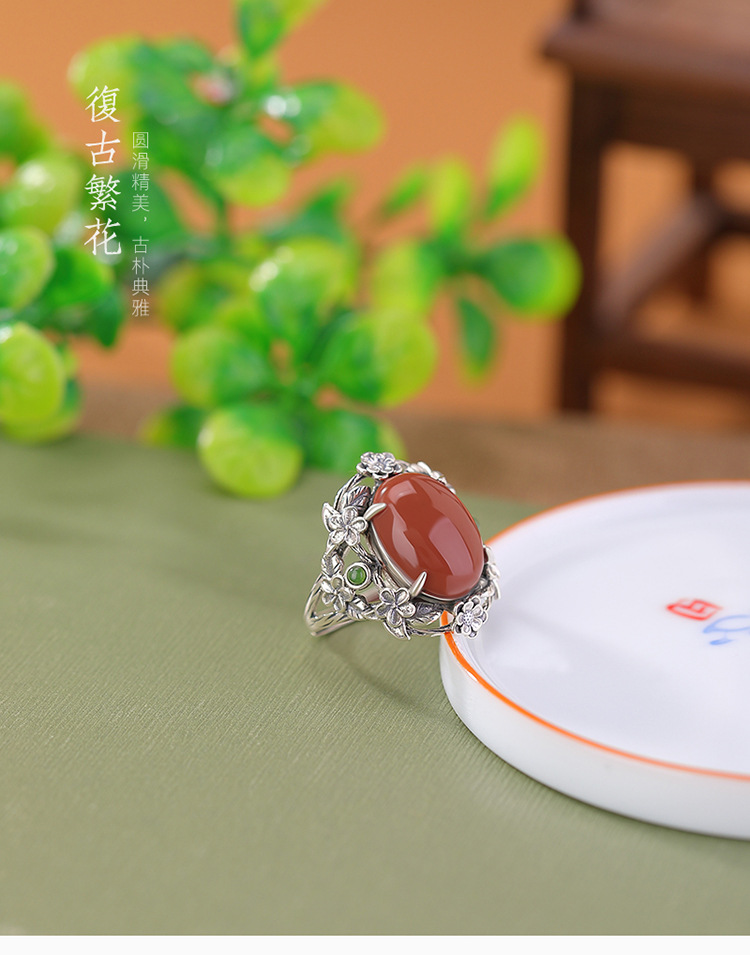 Nhẫn bạc S925 hình nai và hoa mã não đỏ mặt trứng phong cách retro cổ điển — Một chiếc chi tiết 2