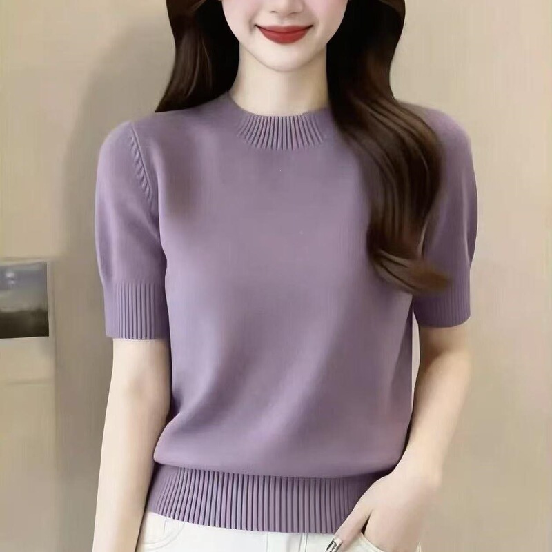 2026 Genuine Spring/Summer Round Neck Short Sleeve T-Shirt for Women, Loose and Thin, New Style, Base Layer Half-Sleeve Knit Top Sweater for Women 2026 Genuine Spring/Summer Round Neck Short Sleeve T-Shirt for Women, Loose and Thin, New Style, Base Layer Half-Sleeve Knit Top Sweater for Women