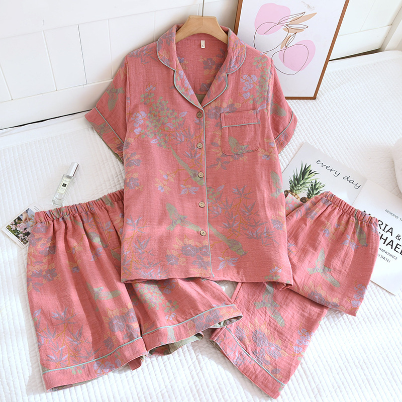 새말 플로럴 핑크 그린 라펠 반팔 쓰리피스 슈트