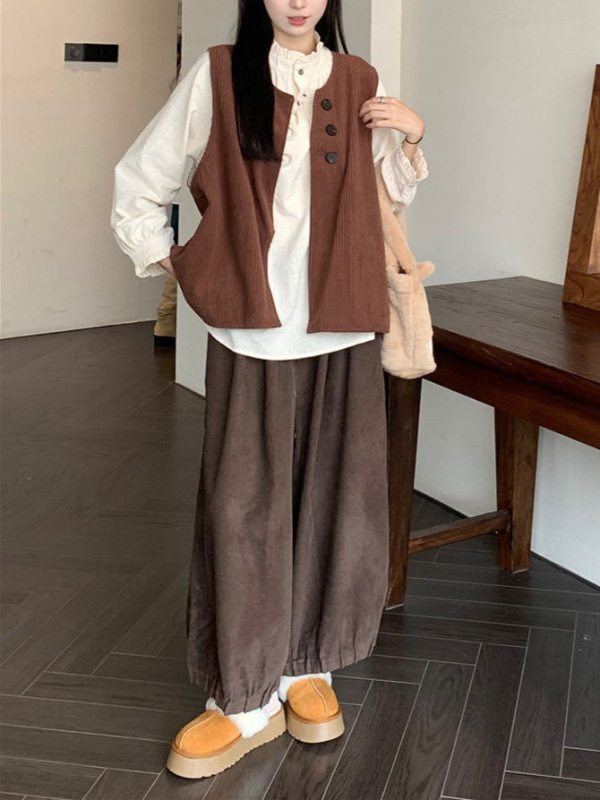 大码女装时尚潮阔腿裤胖妹妹复古衬衣灯芯绒马甲灯笼裤时尚三件套|undefined