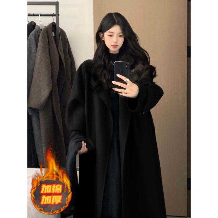 女性のための黒のウールコート2025秋冬の新しいスタイルの雰囲気のウールコート、ハイエンドの小さなミドル丈スタイル