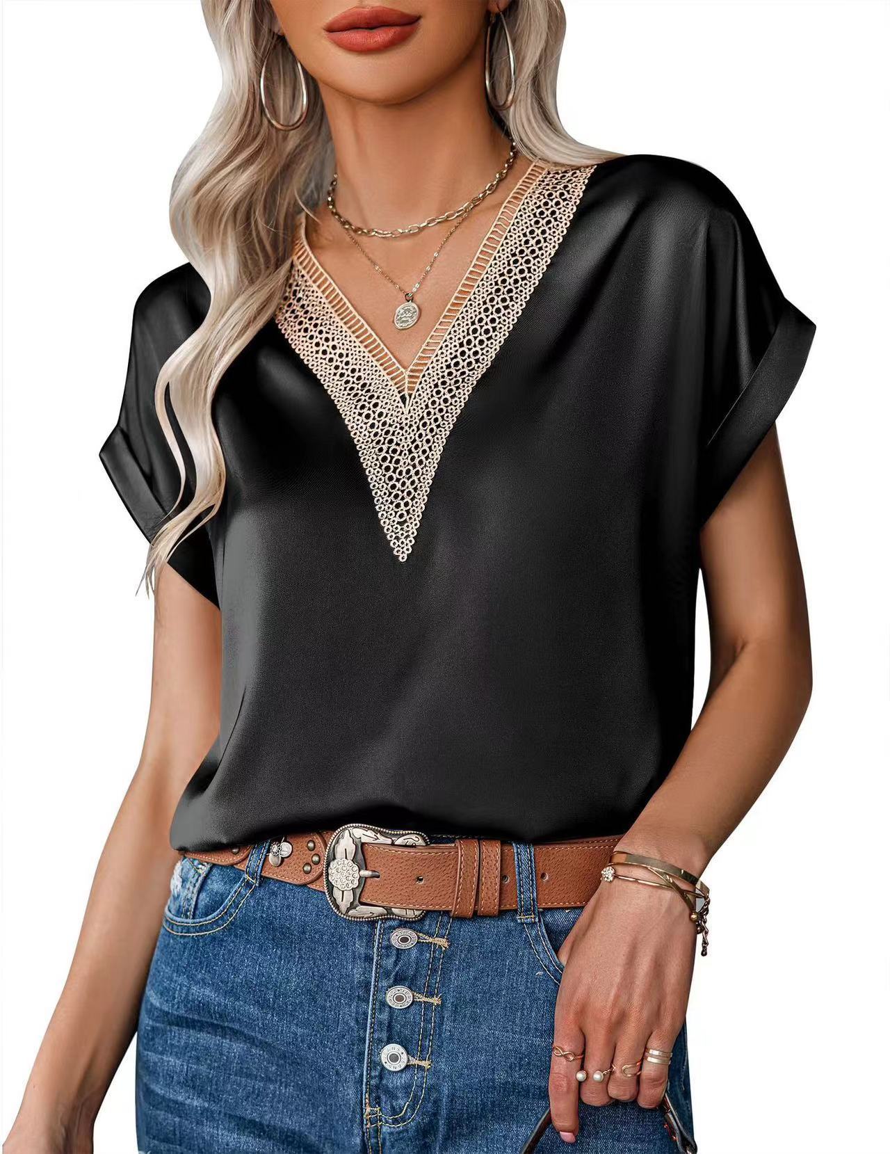 Nueva camiseta de encaje con cuello en v Camiseta de manga corta suelta de satén para mujer Estilo de viaje transfronterizo Ropa de mujer de Amazon europea y americana image 9