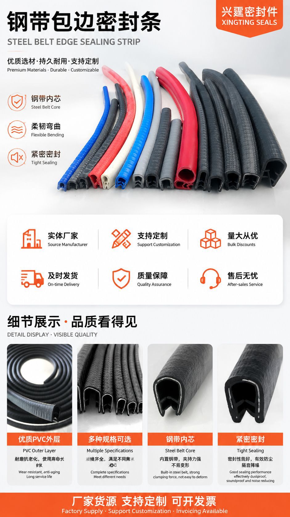 U-Shaped Decorative Strip, Gasket Seal Strip, Steel Belt Frame, Car Door and Window Edge Sealing Strip, Metal Rubber Seal Strip