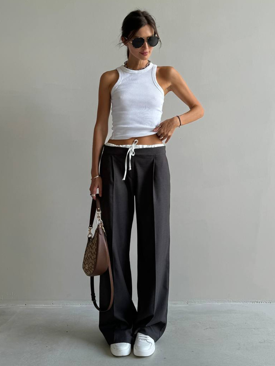 Pantalones sueltos transfronterizos Europa y América 2025 primavera nuevo falso dos piezas con diseño de cordones pantalones pantalones de traje de cercanías mujeres image 1