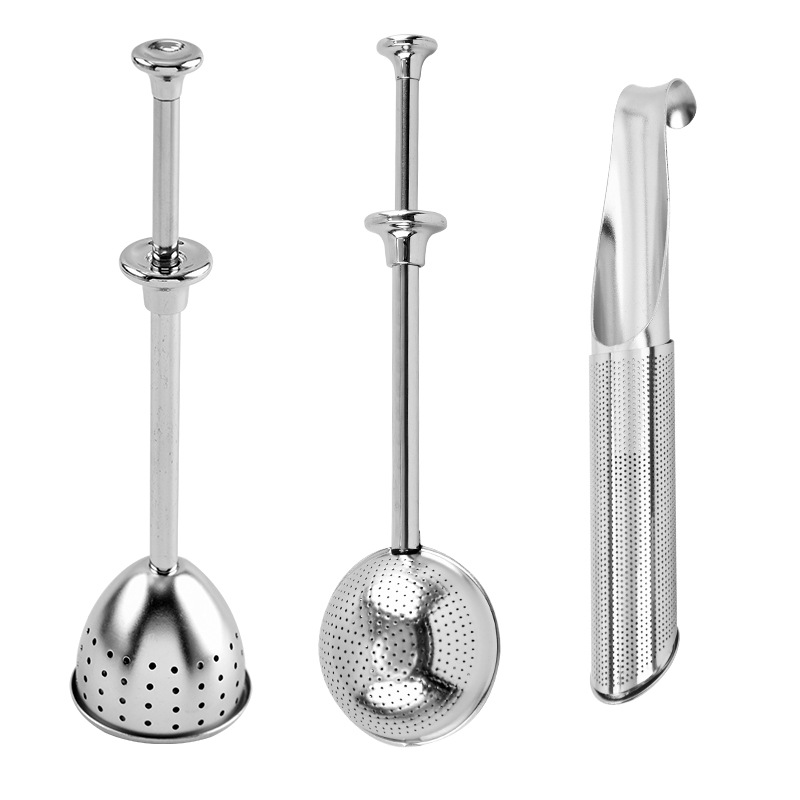 Creativo 304 Bola de té de acero inoxidable retráctil de empuje de tipo mango fabricante de té colador de té juego de té hemisferio tamiz de azúcar en polvo