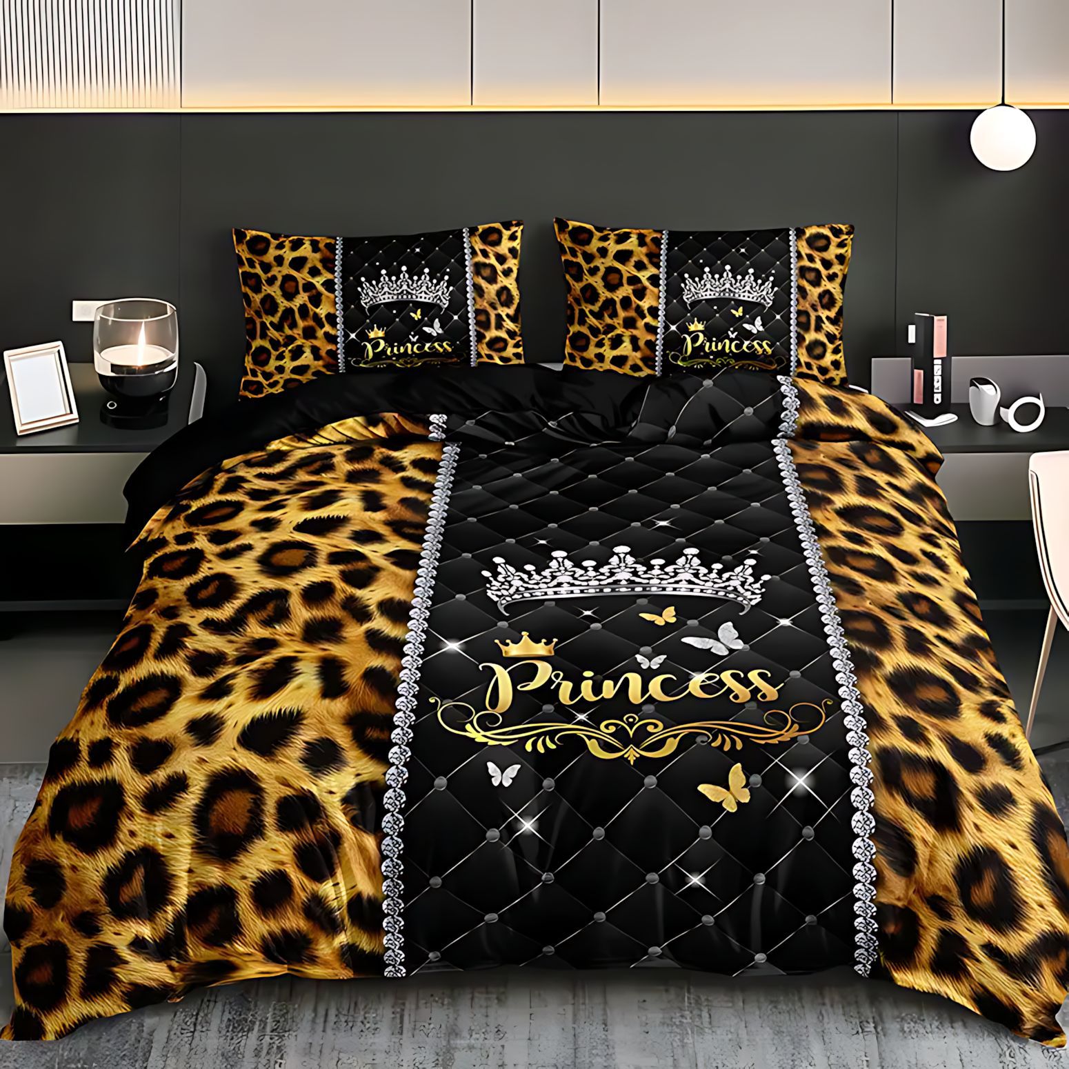 TEMU / JIT abrasivo colcha de cama con colcha de almohada con letras inglesas impresas digitalmente con leopardo para dibujar