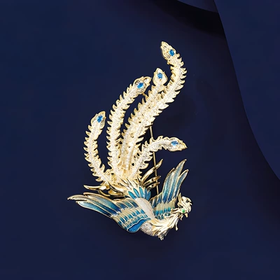 Chinese Style Qifeng Brooch, High-End Female Exquisite Stylish, Enamel Phoenix Corsage, Niche Design Pin Accessories (Yaxa sancaqları) - blue-gold-phoenix
