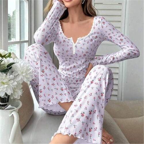 European and American long-sleeved V-neck pajamas small floral print lettuce curling trousers home wear suit women