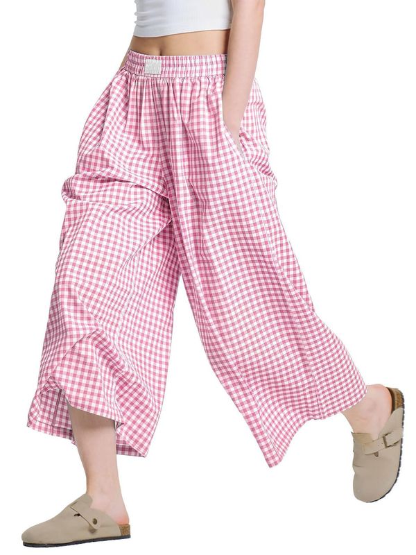 2025 アマゾンレディース麻チェック柄カジュアルパンツ女性の夏の新しいルーズスリム怠惰なカジュアルワイドレッグパンツ|undefined