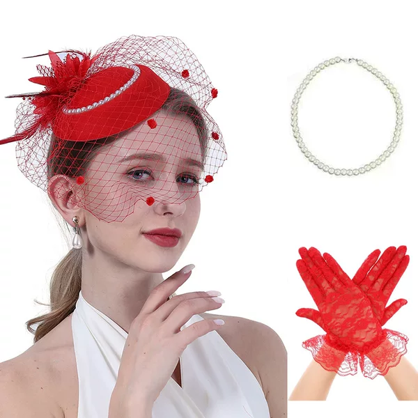 Small Top Hat, Headpiece, Qipao, Socialite Performance Accessories, Party Feather Hairpiece, Gloves, Necklace Set, Handmade