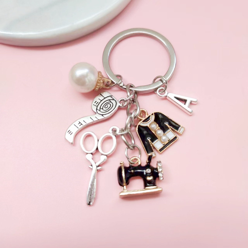 Sewing Machine Letter Scissors Tape Measure Clothes Pearl Small Pendant Tailor Clothing Designer Keychain