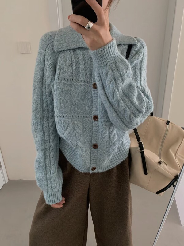 韩系复古翻领麻花针织开衫女装2025秋冬新款软糯宽松慵懒毛衣外套|undefined