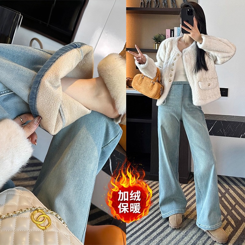 Maternity 2025 New Side Drawstring Jeans Mink Velvet Fleece-Lined Thickeneded Outer Jeans Straight Pants Wide Leg Pants